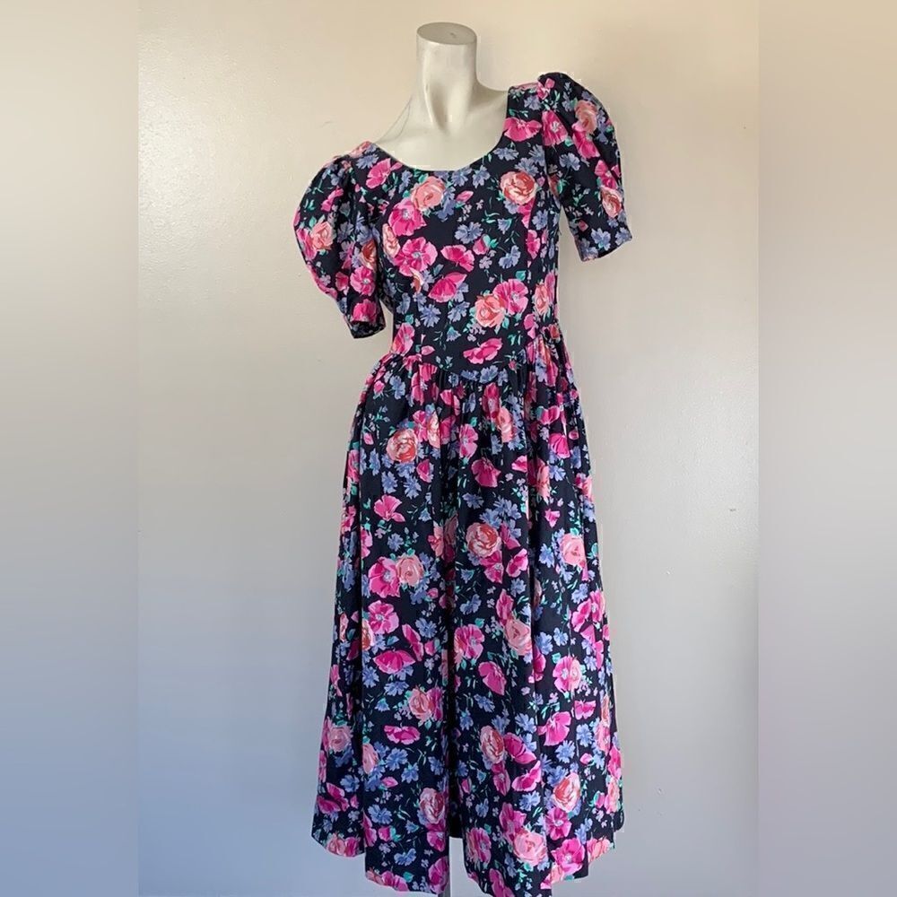 Laura Ashley Floral Midi Dress Puff Sleeves bow & Open plunging Back sz 10 prom - Picture 2 of 16